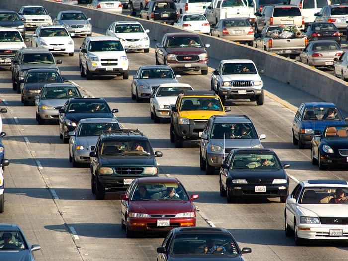 a high angle view of cars in traffic