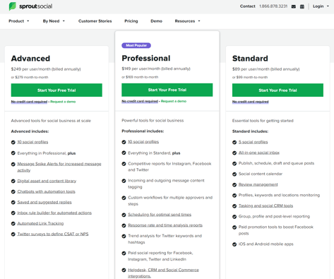 sproutsocial tiered pricing page featuring advanced, professional, and standard tiers