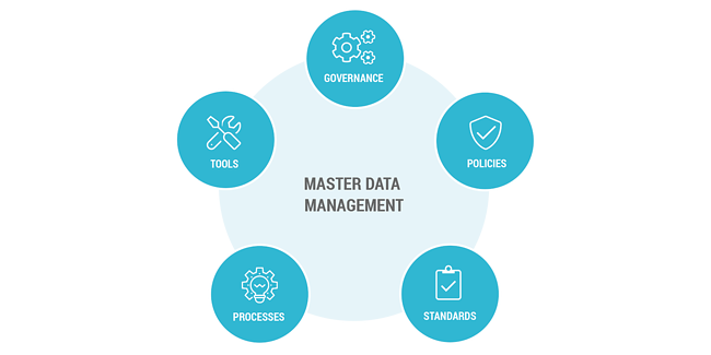 Diagram of master data management components: governance, policies, standards, processes, and tools