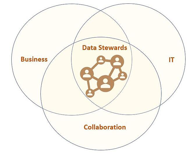 Graphic illustrating data steward's role as a bridge between the business and IT sides of an enterprise