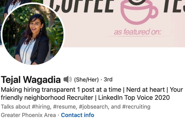 linkedin headline example: Tejal Wagadia