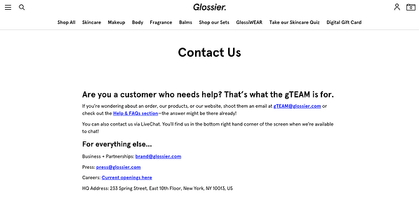 Best Contact Us Pages: Glossier