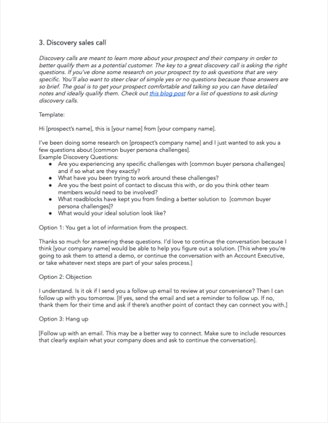 cold call script template example: discovery sales call