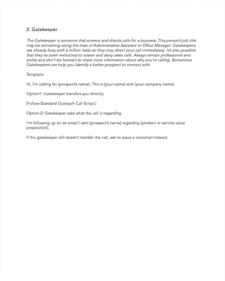 cold call script template example: gatekeepers
