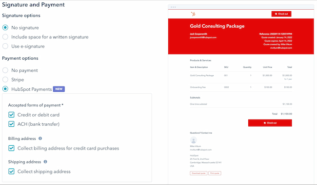 Example of HubSpot payments invoice software