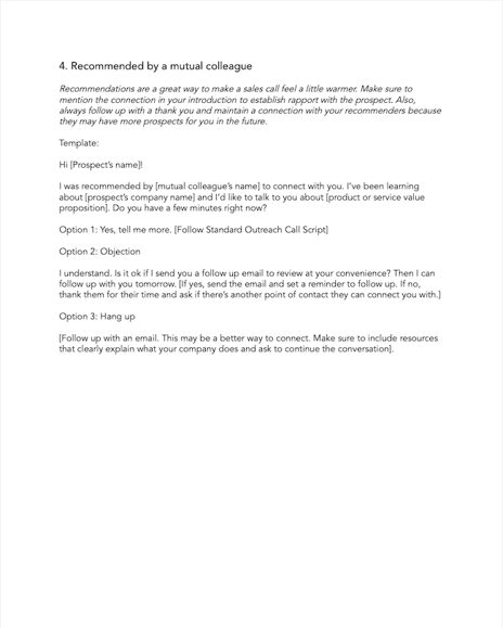 cold call script template example: mutual colleague recommendation