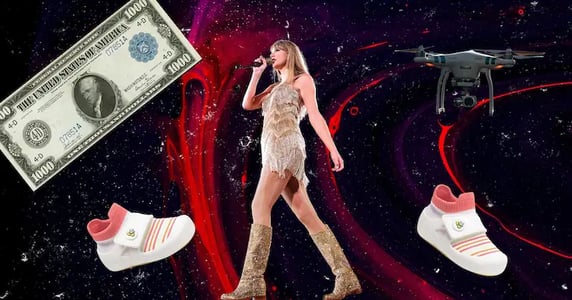 A $1k bill featuring Alexander Hamilton, pink-and-white Jbrds children’s shoes, Taylor Swift wearing a gold dress and boots singing into a microphone, and a black drone on a black-and-red background.